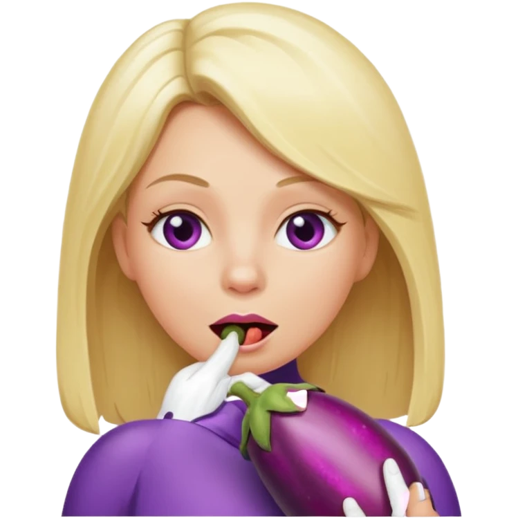 Blonde women stuffing her mouth using her hand with an big eggplant emoji