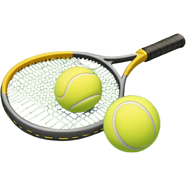 A tennis racket and ball positioned on a grass court, with the net and lines clearly visible in the background. The scene emphasizes the classic elements of the sport, capturing the energy and precision of a tennis match. emoji
