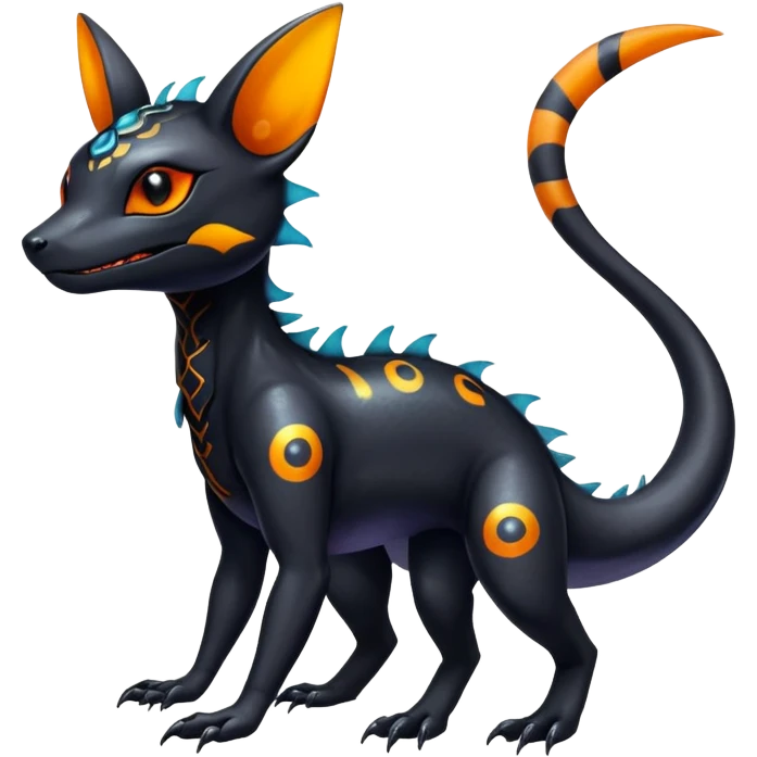 Colorful Iridescent Exotic Black and Orange Salandit-Umbreon-Fakémon-hybrid-creature (full body)  emoji