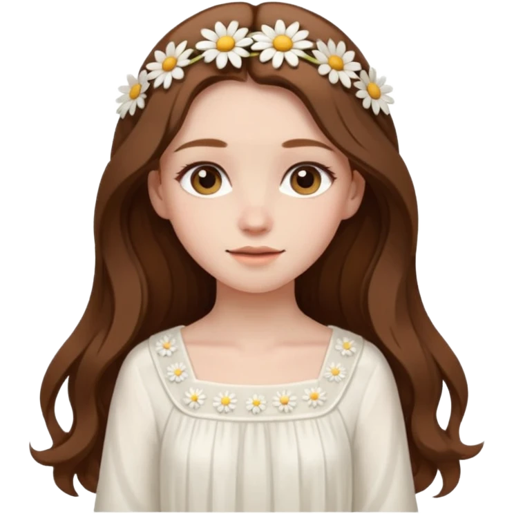 Girl with long brown hair, pale skin, daisy hairclips, long sleeved white flowy dress emoji