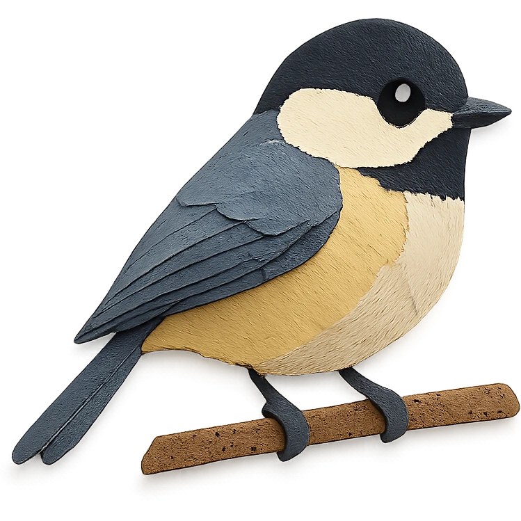 chickadee sitting on a branch, delicate paper layers, expressive eye, naturalistic pose emoji