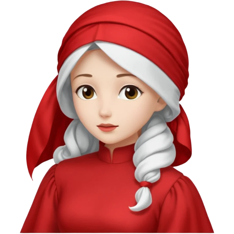 mujer de perfil con un vestido rojo de manga y falsas largas y voluptosas, y una toca blanca que cubre su cara emoji