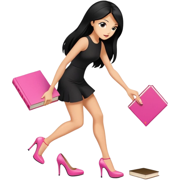 women  long black hair tanned skin, heels in black mini dress, pick up pink book from ground, emoji