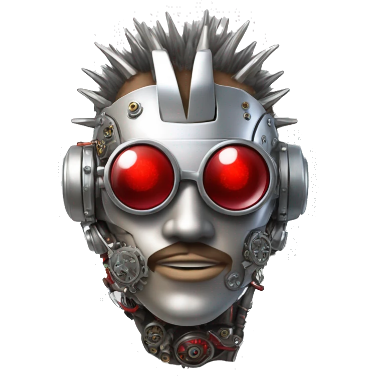 Silver mohawk cyborg head with red steampunk goggles, goatee and circuits emoji