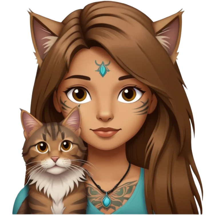 girl with long brown  straight hair and tattoos and a tabby Maine coon cat emoji