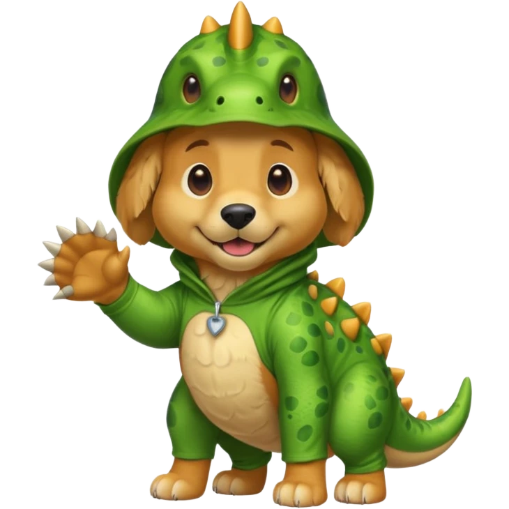 a golden retriever with a dinosaur costume emoji