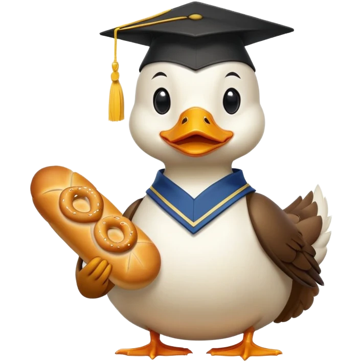 duck wearing bread shaped like a graduation cap and holding a pretzel emoji