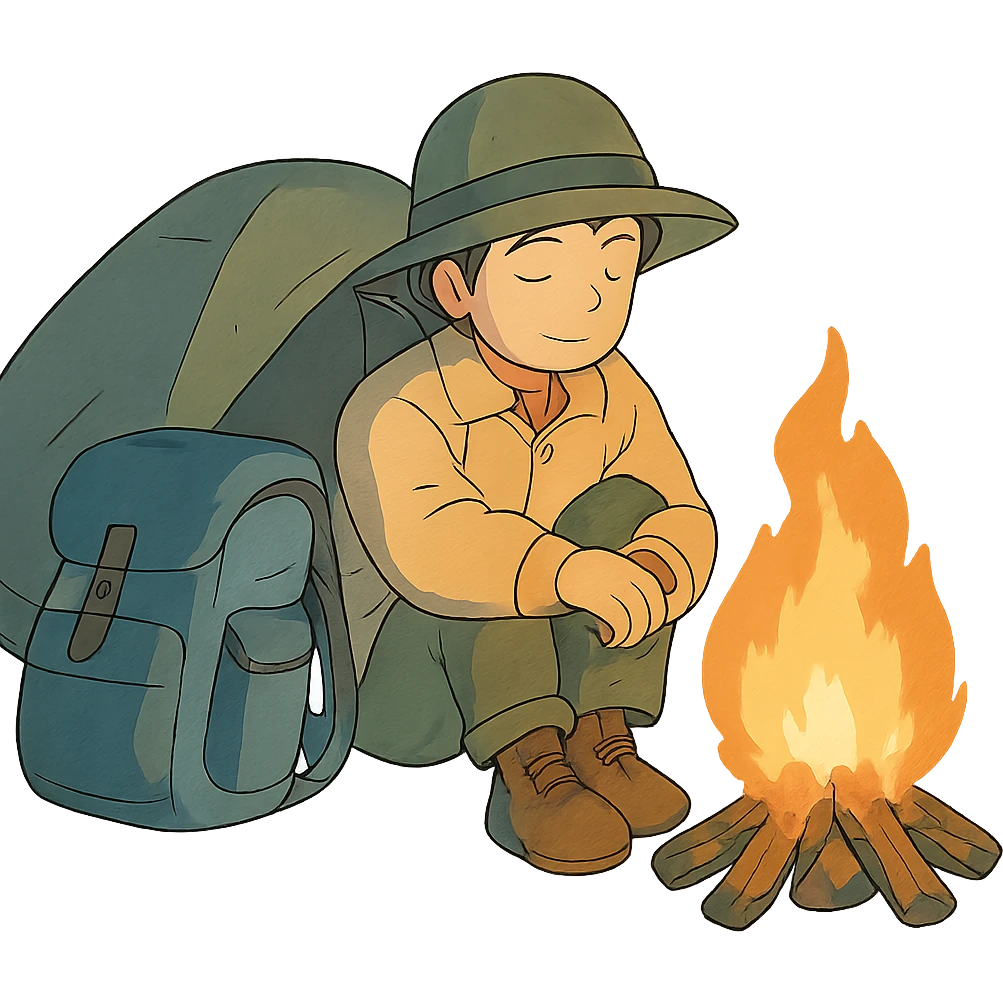 ghibli style illustration of a camper resting by a campfire emoji