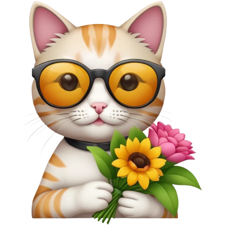 cat wearing sunglasses holding a bouquet of flowers emoji