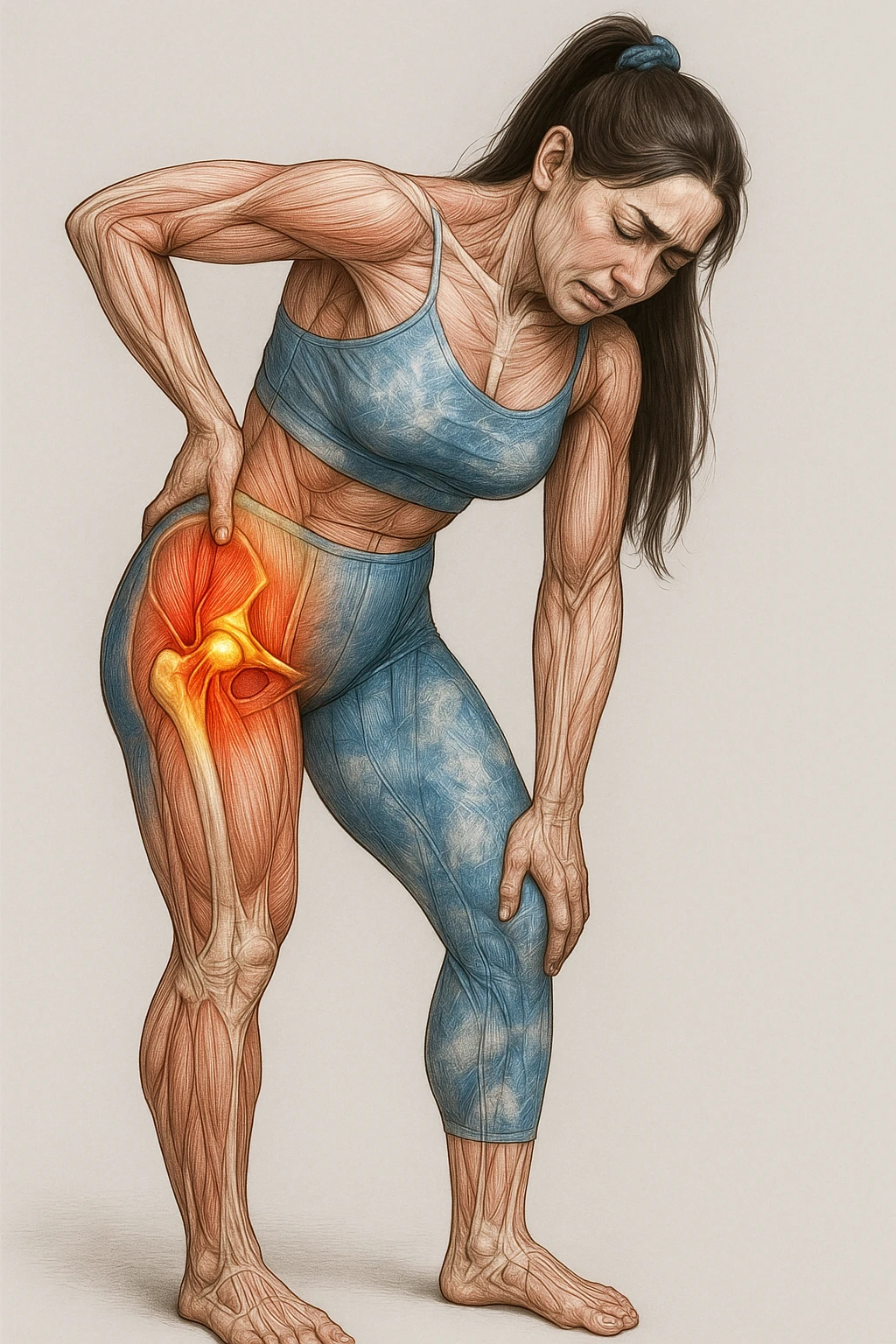 Realistic anatomical illustration of a woman in sportswear inspired by the reference photo, slightly bending forward holding the right hip due to pain, with highlighted muscles and joints involved, neutral background. emoji