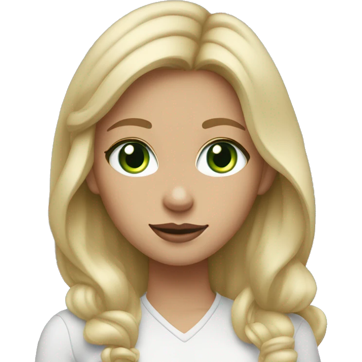 Blonde girl, green eyes, wearing AirPods and working on MacBook Air  emoji