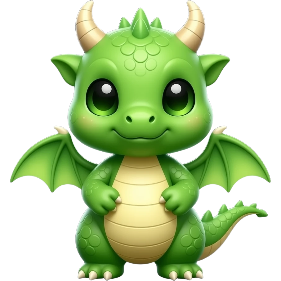 A cute green baby dragon in voxel art style, blocky Minecraft-like design, bright green body with light yellow belly, small horns, tiny wings, big square eyes, chibi proportions, soft lighting, centered, black background, high detail, 3D pixel style render emoji