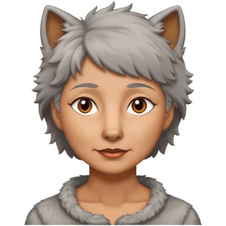 woman 50 years old, short grey fluffy wolf-cut hair, tannes skin and brown eyes emoji