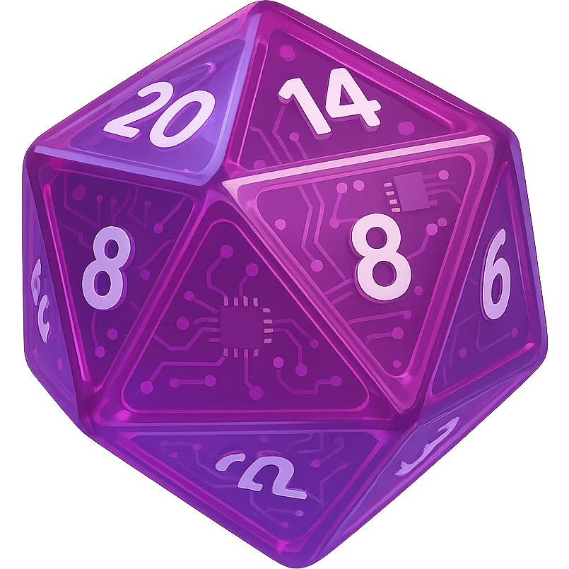 D20 dice, modern, sleek design, vibrant colors, glossy finish, purple emoji