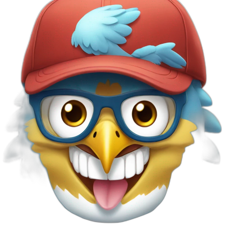 Crazy funny Articuno head with human white teeth and beautiful smile wearing glasses and hat emoji