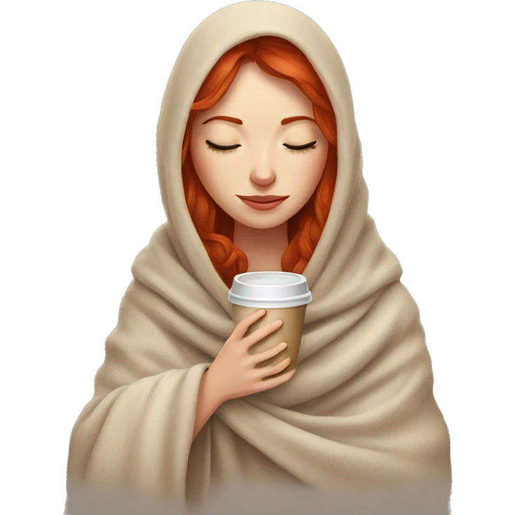 red headed girl in blanket with coffee eyes closed emoji