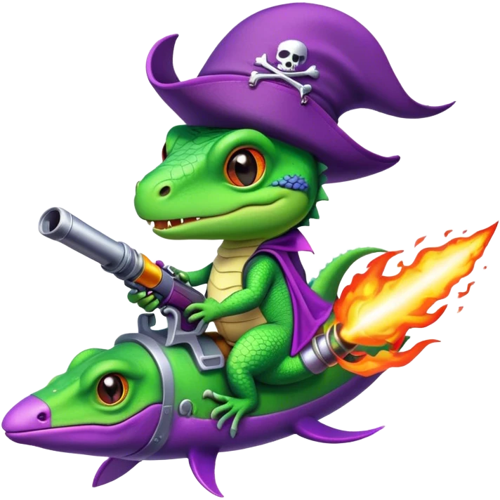 lizard with fire gun pirat riding purple rocketin hands emoji