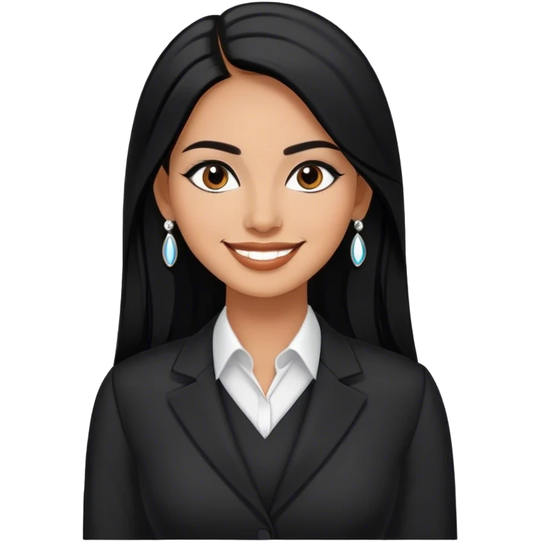beautiful woman boss, with long straight black hair, with make up, black eye liner, smile, mexican, brown skin, wearing beautiful profesional outfit and white earings, full body emoji