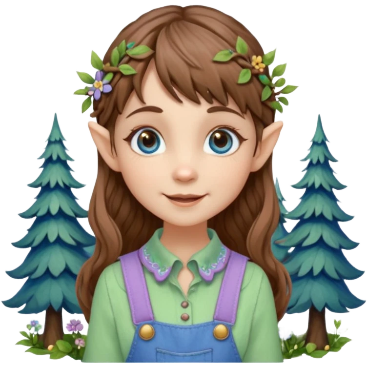 Kind happy whimsical quirky Girl toymaker, wood carving elf. Woodland nature creator. Blue eyes. brown hair (short just-below chin length) wavy hair & bangs. Whimsical playful cute. Overalls with nature embroidered cute shirt collar. Light green, light purple and light blue colour aesthetic  emoji