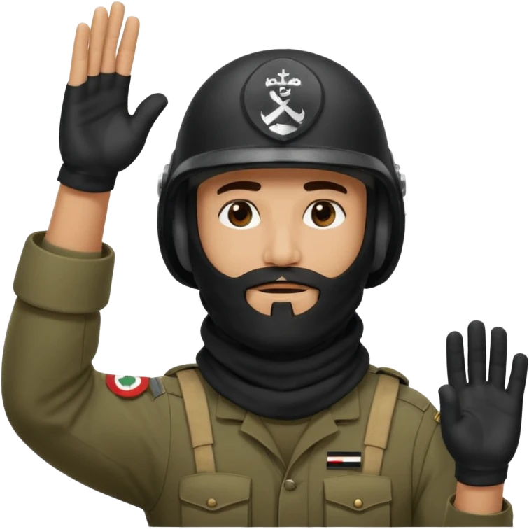 surrenders, depicts an Iraqi soldier from 1980, with a beard, in a helmet, with a balaclava, with a sad face and raised hands emoji