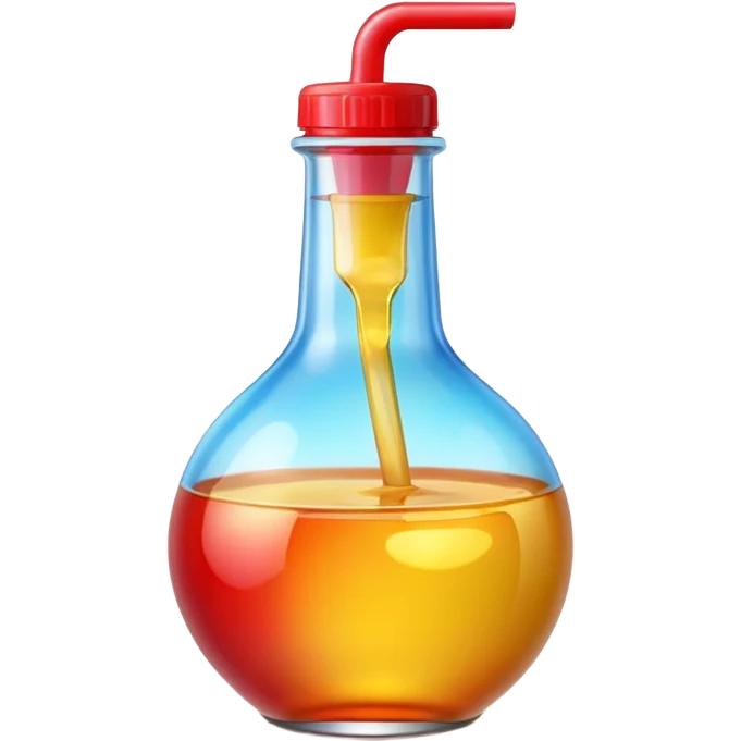 A 3D Apple-style beverage bottle emoji, transparent glass filled with colorful liquid (like soda or juice), shiny surface with light reflections, simple round body with a narrow neck and cap, clean minimal background. emoji