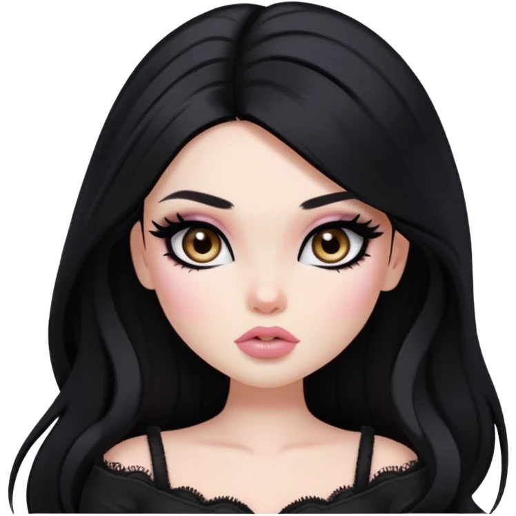  long hair, pale skin, dark brown eyes, pretty bratz baddie, black eyeliner, blush emoji