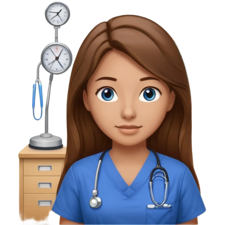 pretty female nursing student with long brown hair, blue eyes inside a classroom at university emoji