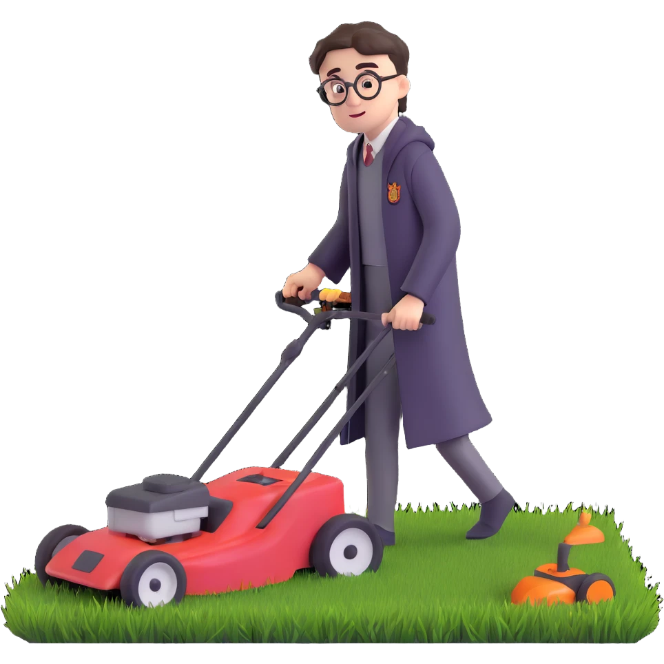 Harry Potter mowing the lawn on the Hogwarts Express train emoji