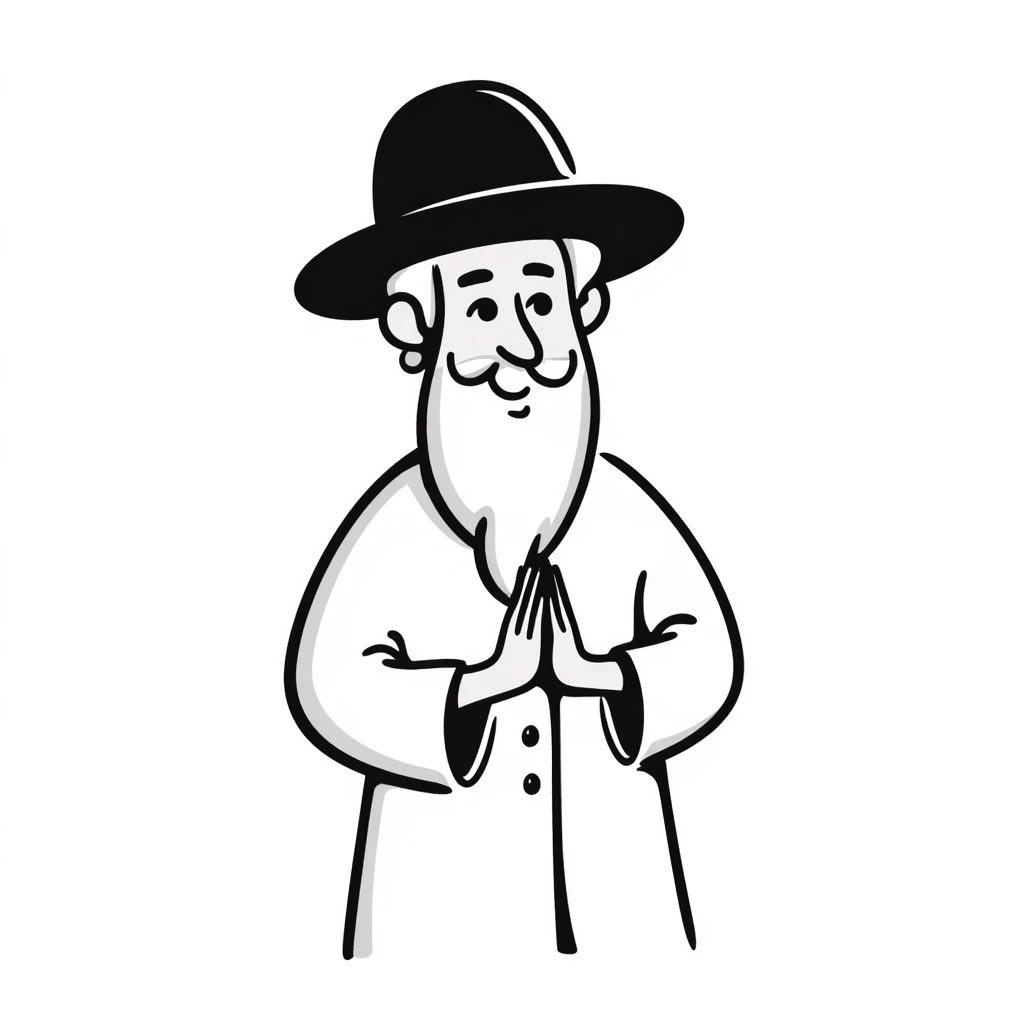 hand-drawn rabbi, rubbing hands together, fun and whimsical emoji