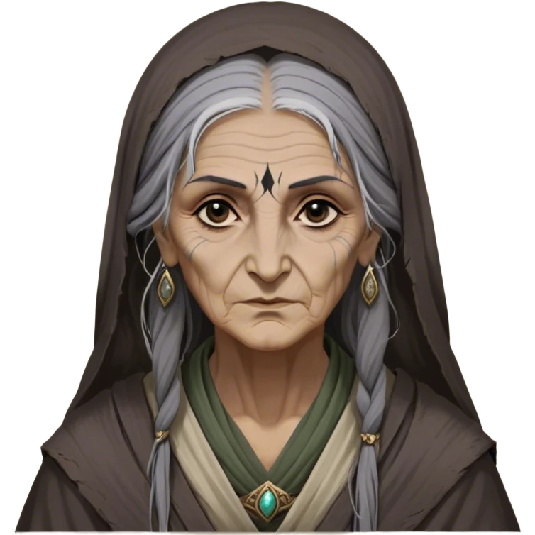 Mirri Maz Duur is a weathered, old Lhazareen woman with deep-set dark eyes, high cheekbones, and a sharp nose, giving her a stern, knowing expression. Her long, unkempt dark hair streaked with gray falls loosely over her shoulders, and her earth-toned, tattered robes mark her as a humble healer. Despite her frail appearance, she exudes an aura of mystery and menace, her hands stained with herbs and blood from both healing and dark sorcery. emoji