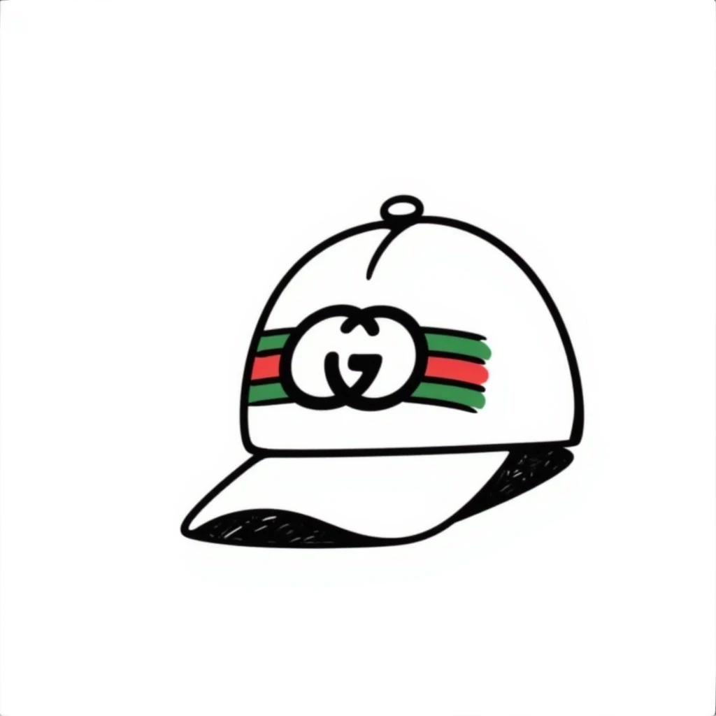 hand-drawn doodle of a Gucci cap with signature green and red stripes and logo emoji