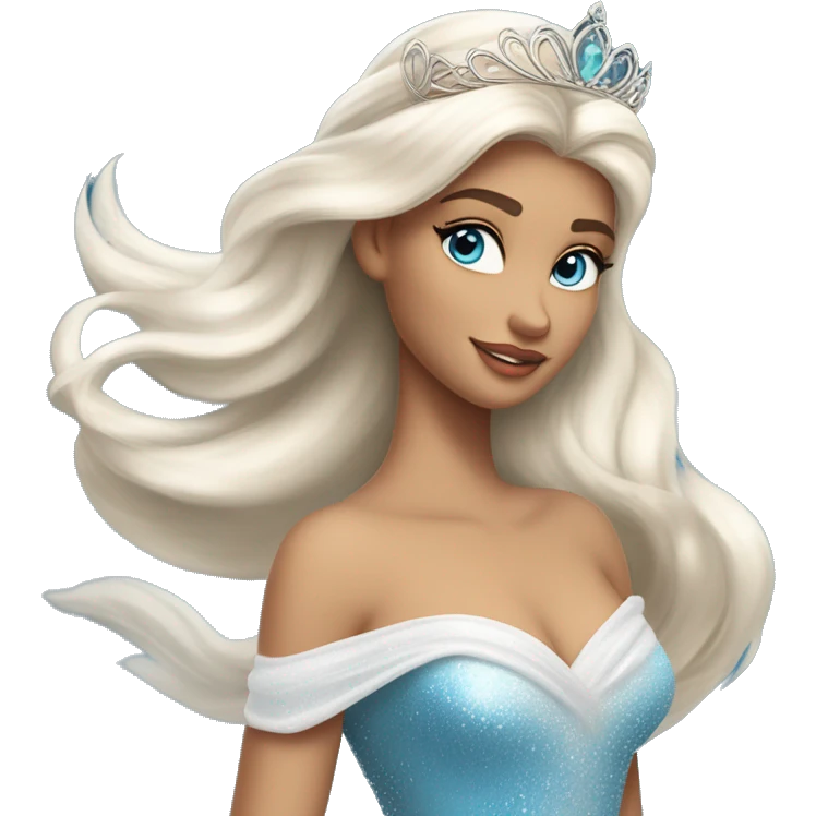 The Swan Princess, a beautiful young woman with platinum blonde hair, ocean-blue eyes, and a swan-inspired dress and tiara, exudes allure as she combs her hair gracefully in the wind. emoji