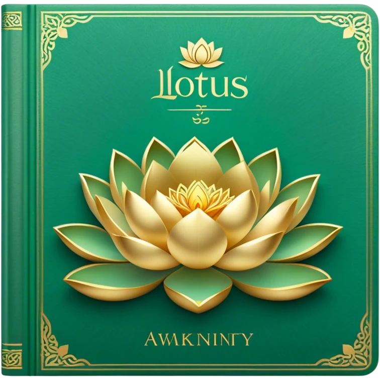 A soft emerald green book front cover with golden details, a ray of light, or a lotus on the cover, radiating presence, tranquility, and spiritual awakening emoji