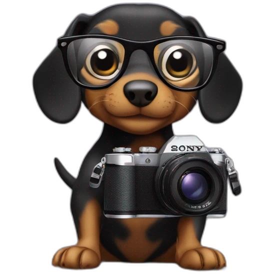 a black dachshund chipmunk with glasses holds a SONY camera in its paws medium plan emoji