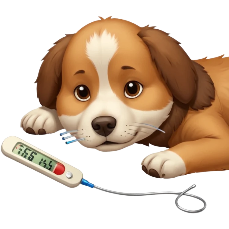 A sick dog lying down with a thermometer beside it, indicating a fever.
Cute but gentle style, warm colors, conveying concern and care. emoji