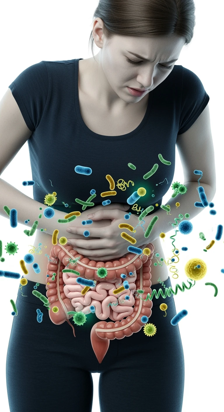 DONNA CON MAL DI PANCIA E INTESTINO UMANO ANATOMICO VISIBILE, BATTERI INTESTINALI FLUTTUANO INTORNO, IPERREALISTICO 4K, SFONDO BIANCO emoji