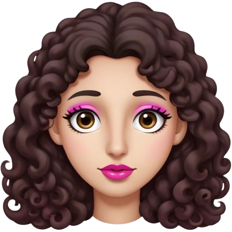 Long dark brown curly hair, long nose, long chin, long face, small dark brown eyes, dark far eyebrows, light medium skin tone, pink nude small lips emoji