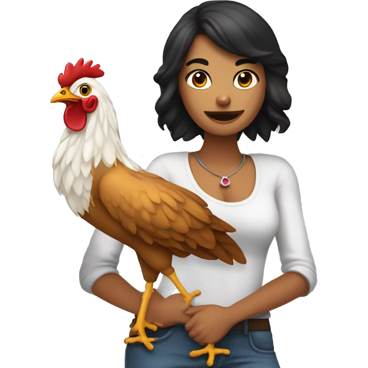 Chica de piel morena con un gallo de mascota emoji