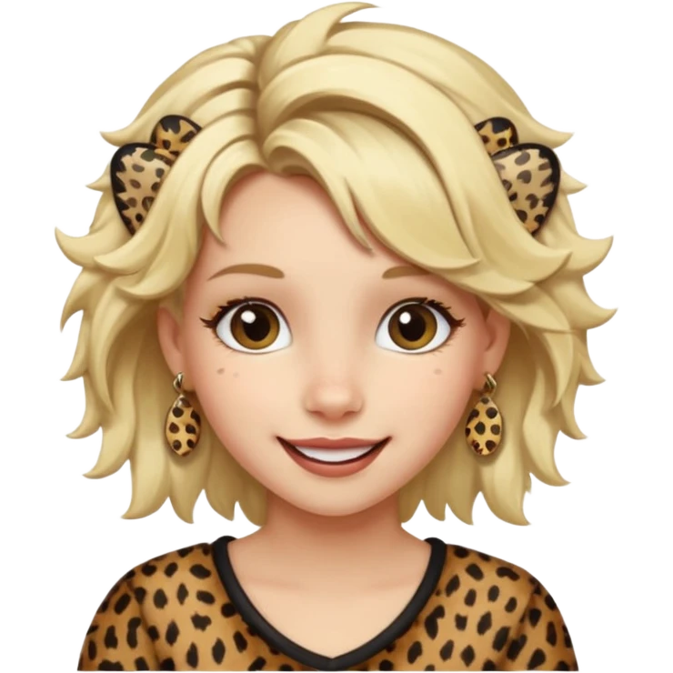 Une fille blonde et joyeuse. Elle porte une coiffure rock et originale avec 3 pinces pour cheveux  léopard et motif peau de vache. emoji
