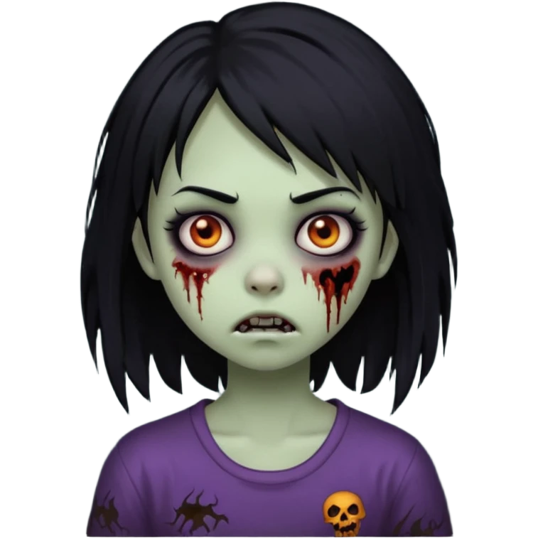 girl black hair, medium long, emo, shaggy, zombie, dark, spooky, creepy expression emoji