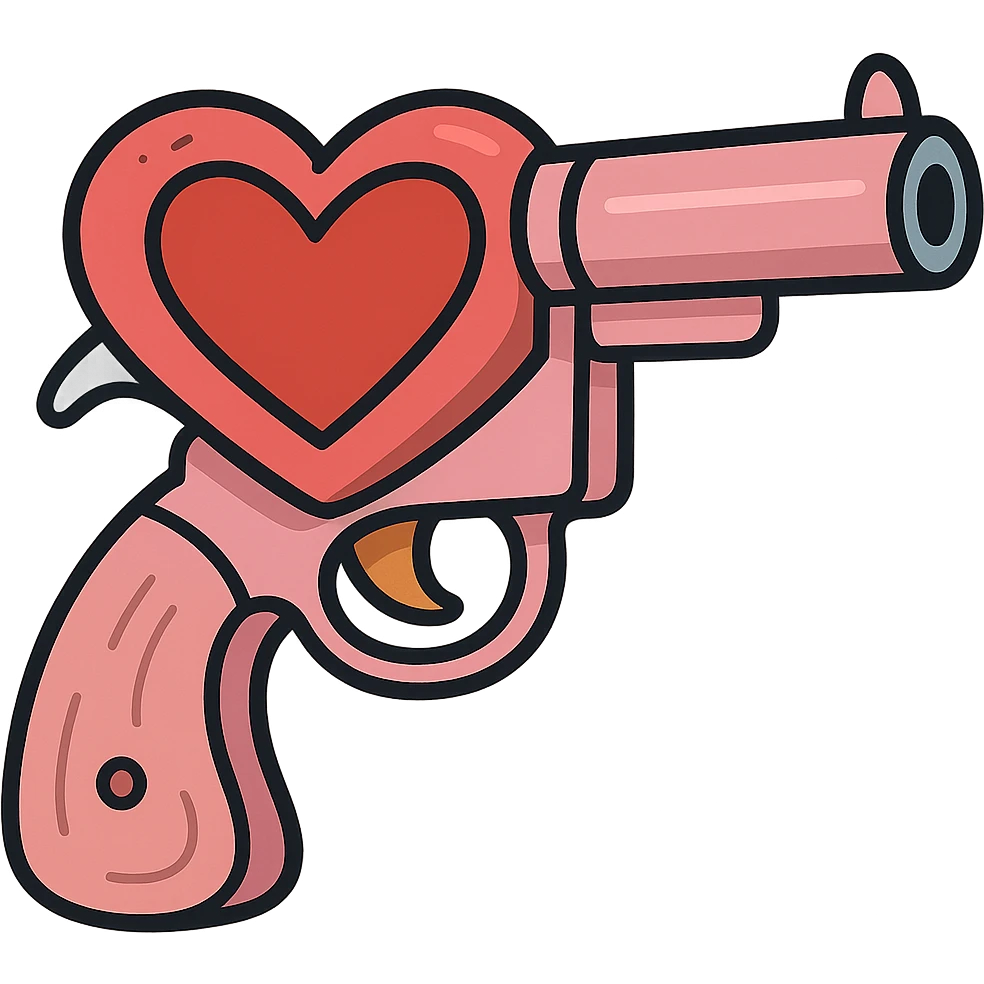 a heart-shaped gun, playful and creative style, bright colors, cartoonish emoji