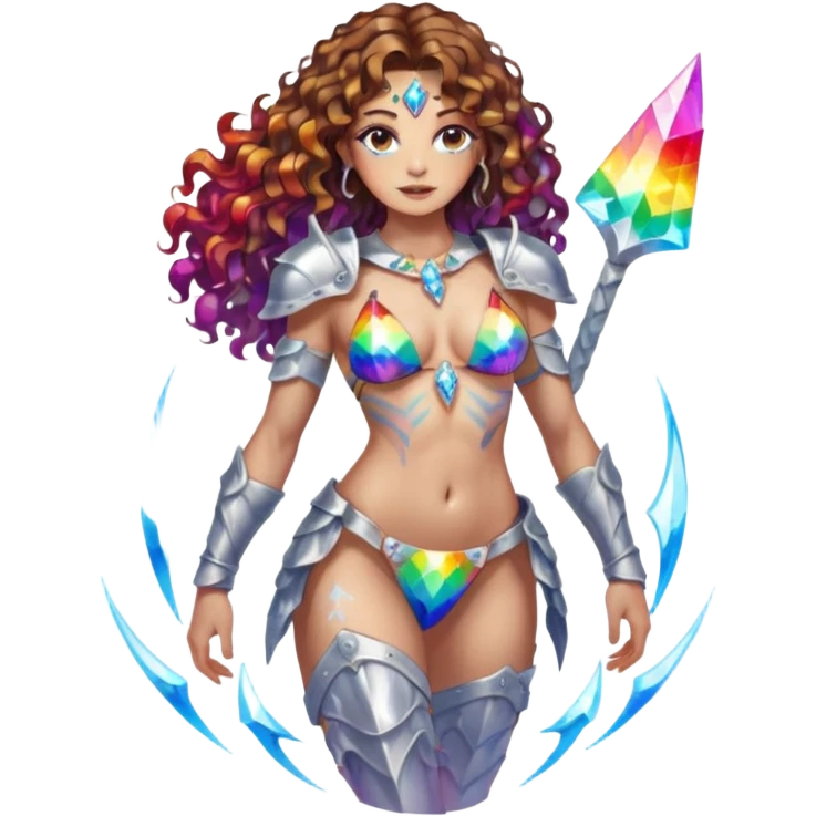 full body woman long curly brown hair brown eyes white skin tattoos crystal bikini armor, refracted rainbow light emoji