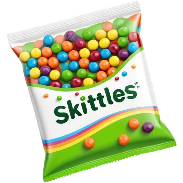 Minimalist top-down view of an open Skittles package with green candies spilling out. Simple rainbow colors on package, clean design. emoji