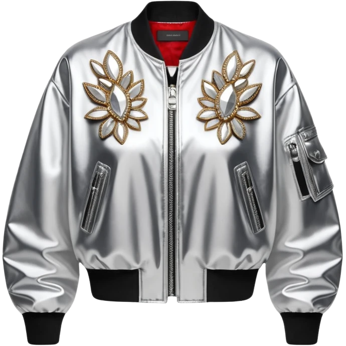 Alexander McQueen brand Cropped bomber detailed jacket for women with shiny silver edgy style, detailed embellishments. 8k, 5000x5000px, 3D rendering, realistic, isolated still life, no emoji faces no emoji icons no human figures  emoji