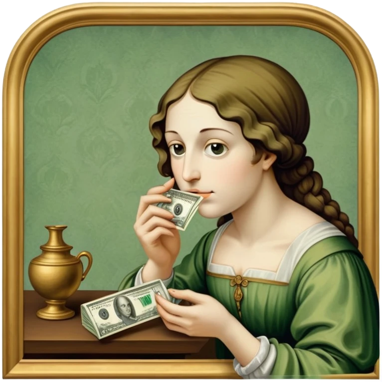 Renaissance painting of someone smelling a mirror on the table through a rolled up dollar bill  emoji