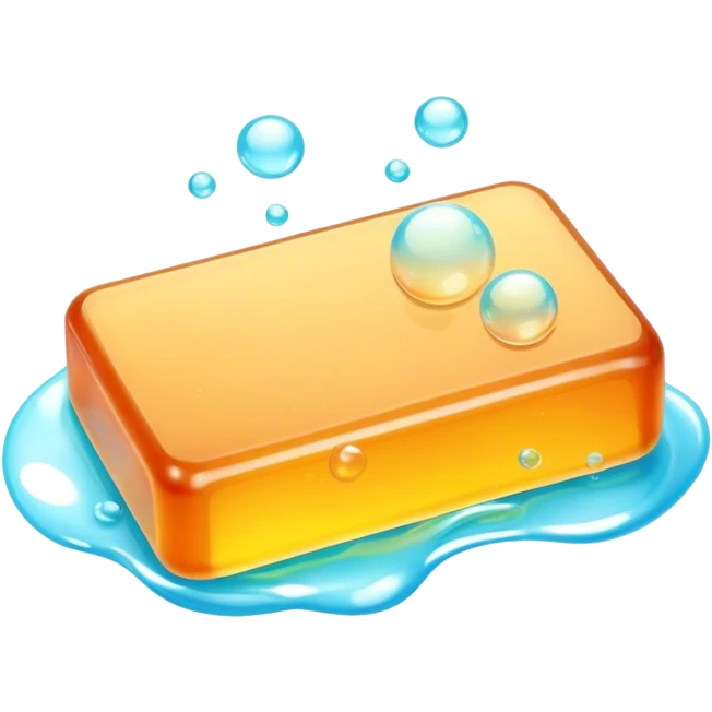 Soap making icon, soap bar with bubbles, melting ingredients like oils and lye, vibrant colors, minimalistic style, clean lines, transparent background. emoji
