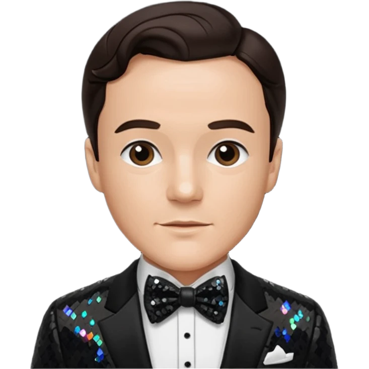 Gene Kelly with dark brown hair, black sequin suit with bow tie emoji