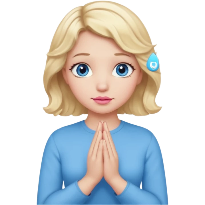 Girl Blonde short wavy hair,  blue eyes, cute blue top, long lashes, pink lips, praying hands emoji