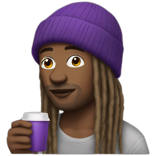 man with dreads and pruple beanie drinking thee emoji