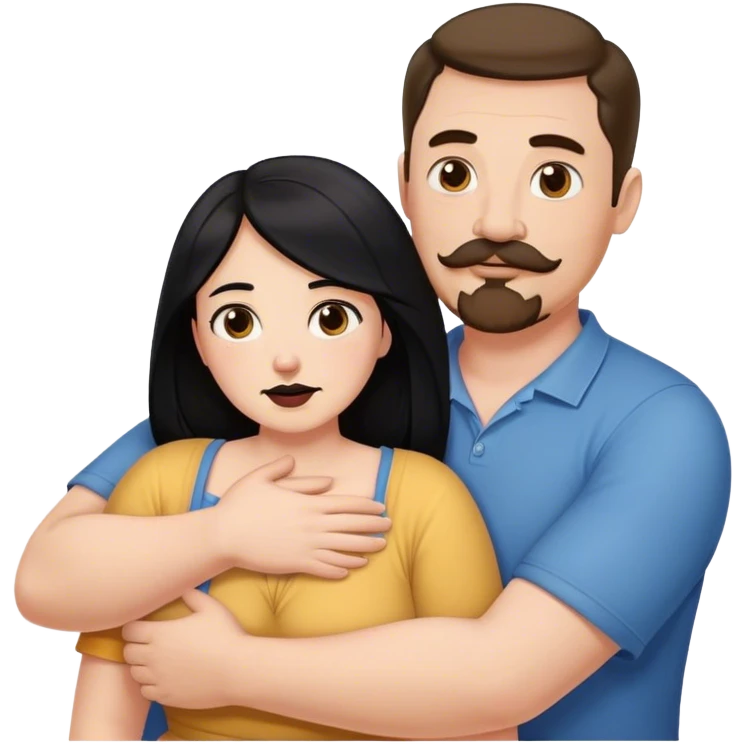 Couple, Tall strong white man with brown mustache goatee hugging a chubby short pale woman with long black hair emoji